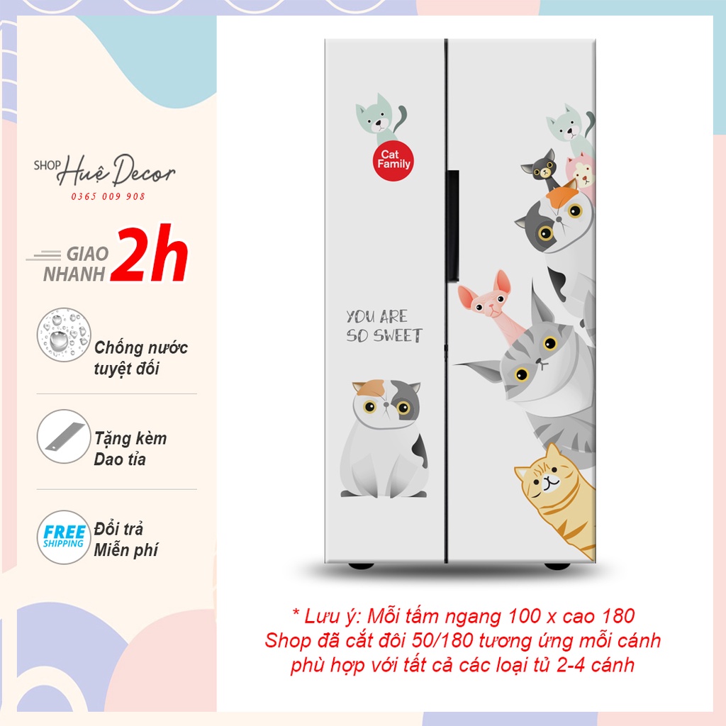 Decal dán tủ lạnh 2 cánh, 4 cánh gia đình mèo  hue decor, chống nước siêu bền, chất lượng, giá rẻ