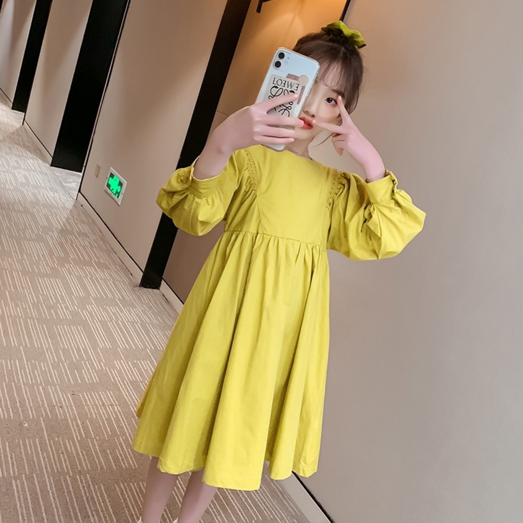 Váy xòe màu vàng dài tay thu đông bé gái lớn. Size đại đầm trẻ em 6, 7, 8, 10, 11, 12, 13, 14, 15 tuổi