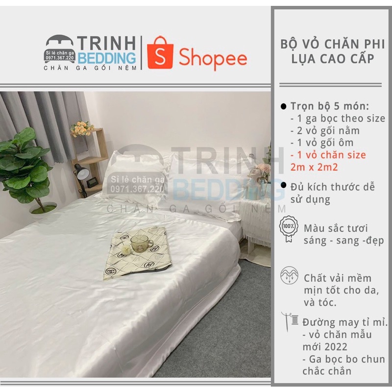 Bộ Chăn Ga Gối Phi Lụa Set Vỏ Chăn 200x220cm