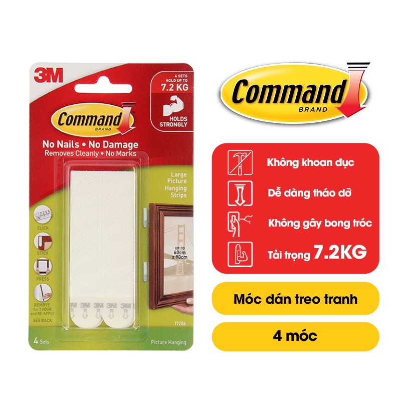 Miếng dán treo tranh Command 3M 17206 tải trọng 7.2kg vỉ 8 miếng 2 màu đen trắng