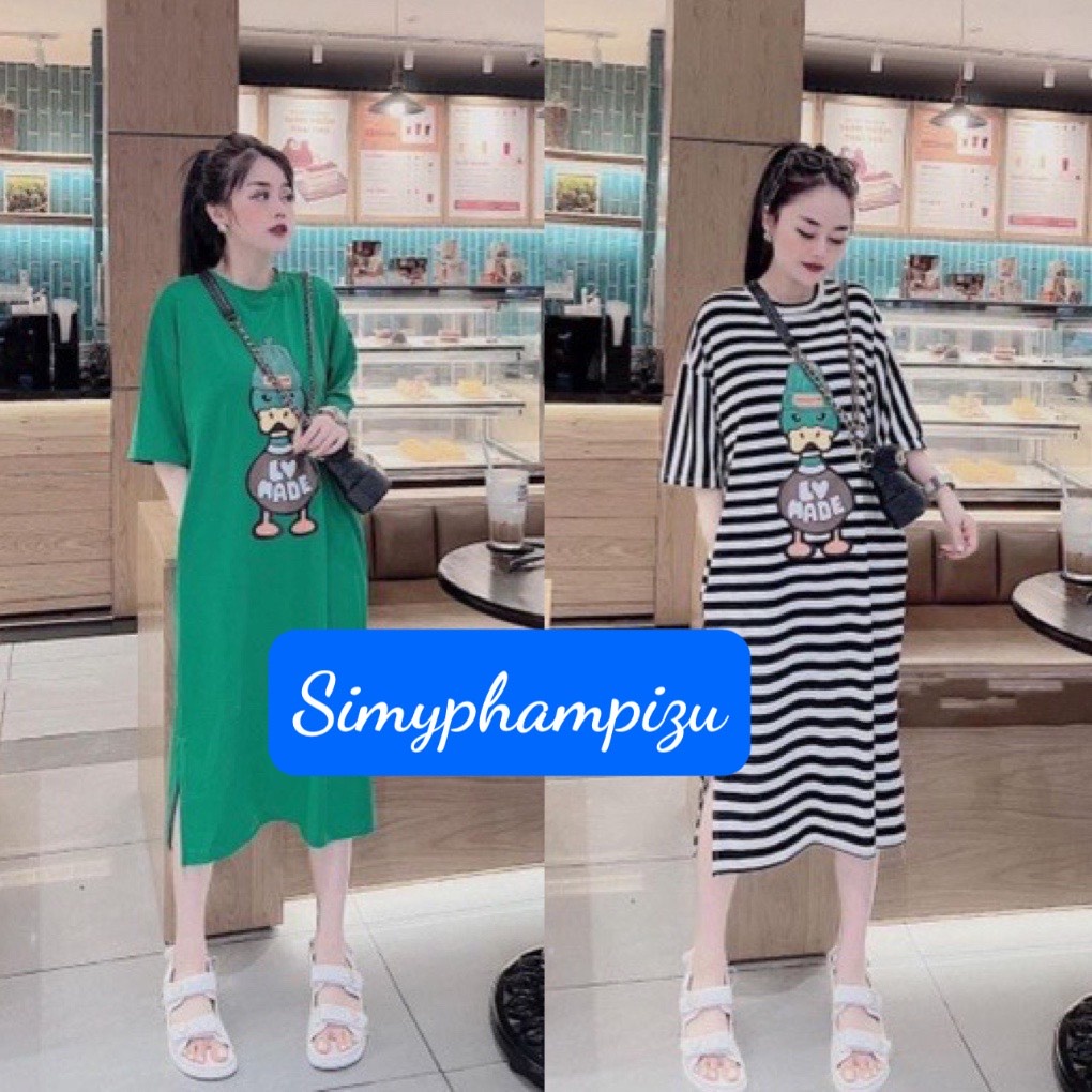 Váy suông dáng dài - đầm cotton họa tiết vịt đội mũ cổ tròn dễ thương bầu bí bon chen V338