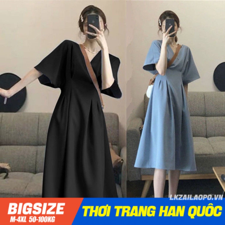 Đầm dáng dài Bigsize Váy nữ tay ngắn cổ chữ v che bụng mỡ ôm eo mùa hè Phong cách Hàn Quốc Thời Trang tiểu thư cá tính xinh đẹp cho người mập béo