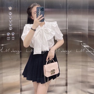 Áo sơmi thô trắng thắt nơ cộc tay
