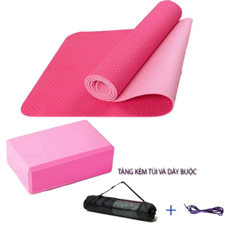 Combo Thảm Tập Yoga TPE 6mm 2 lớp + Gối Tập Yoga PVC (Tặng Kèm Túi Và Dây Yoga)