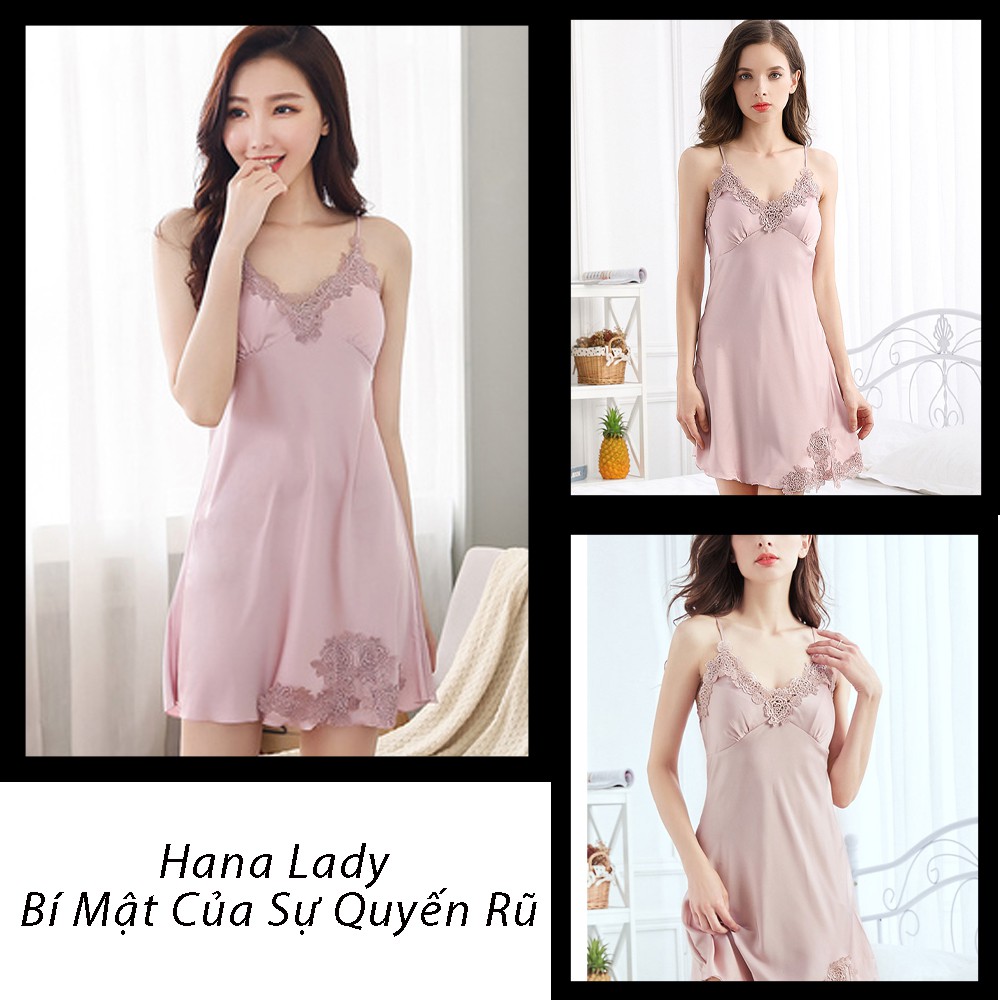 Váy ngủ lụa cao cấp hai dây gợi cảm phối ren hoa sexy quyến rũ (kèm mút ngực rời) VN287