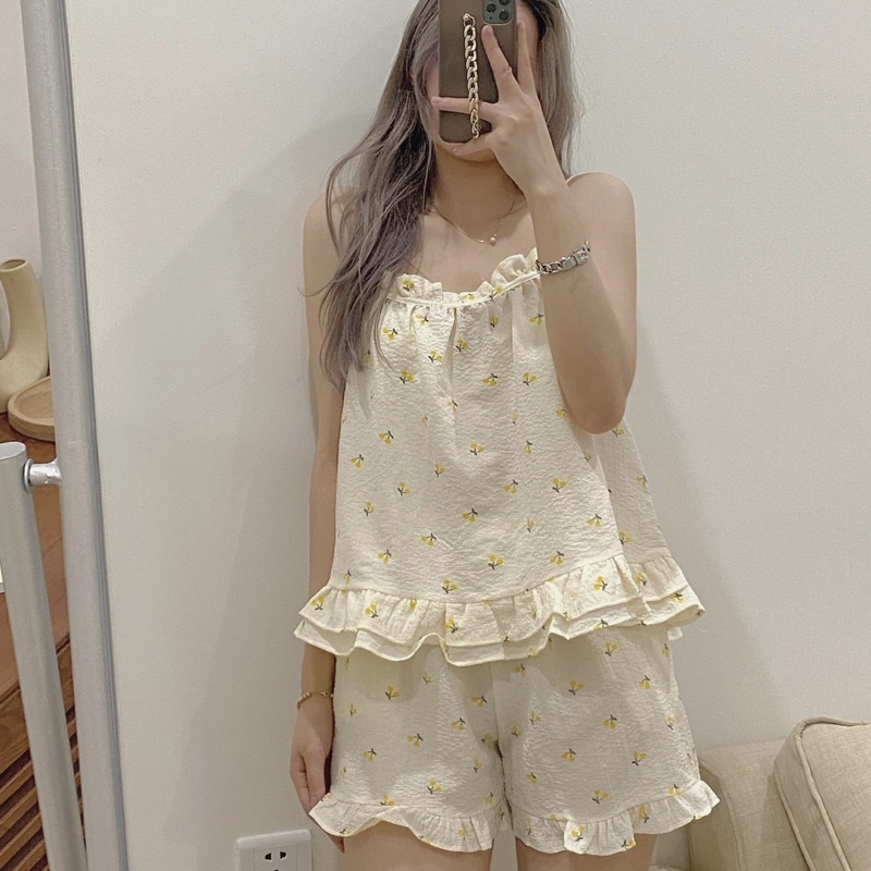 [ ẢNH THẬT + VIDEO ] Set pijama 2 dây xinh xắn thoáng mát. Bộ ngủ nữ dễ thương pyjama