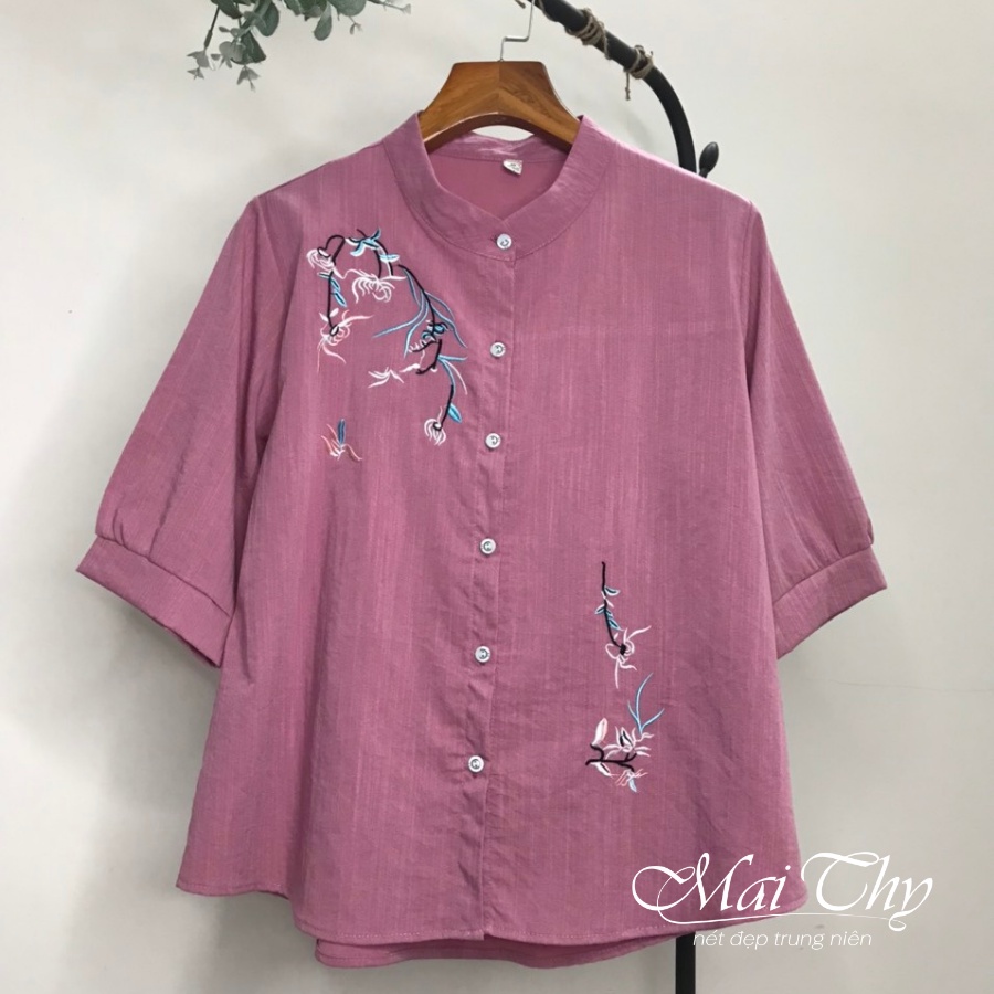 Áo Trung Niên MT711, Mẫu Áo Kiểu Trung Niên Tay Ngắn Cổ Tròn Thêu Hoa Form Rộng Bigsize, Thời Trang Nữ Mai Thy
