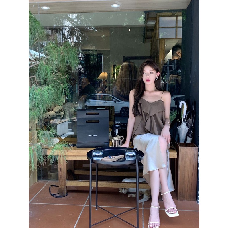 Set Áo Hai Dây Phối Bèo Nhún Và Chân Váy Xẻ Tà Thời Trang Mùa Hè Mới Cho Nữ