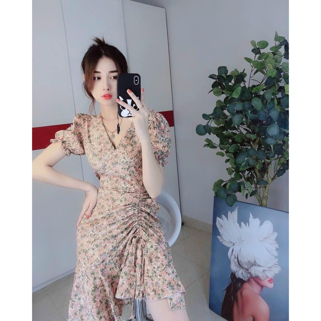 Váy Nữ 💖FREESHIP💖 Đầm Body Họa Tiết Hoa Cổ Tim Tay Ngắn Rút Dây Hông | BigBuy360 - bigbuy360.vn