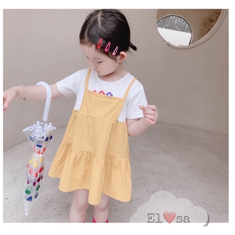 Váy bé gái - Váy giả yếm vải thô họa tiết 3 bông hoa siêu xinh cho bé 1-5 Tuổi