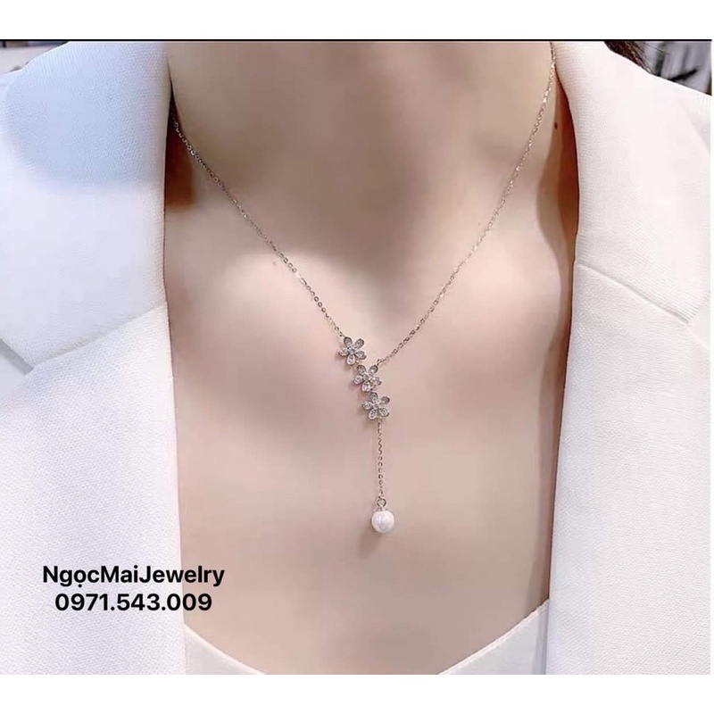 Dây chuyền nữ bạc ta Ngọc Mai Jewelry 3 bông hoa dáng thả mix trai xinh xắn