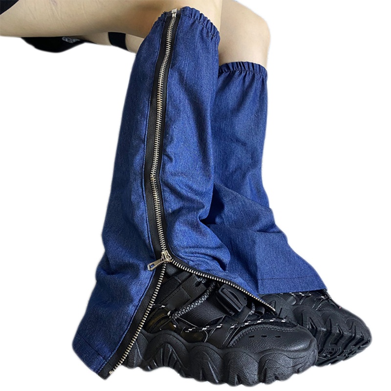 Xiangbao Tất Denim Dài Ngang Bắp Chân Màu Xanh Dương Có Khóa Kéo Bên Phong Cách Harajuku Gothic Punk Nhật Bản Giữ Ấm Mùa Hè