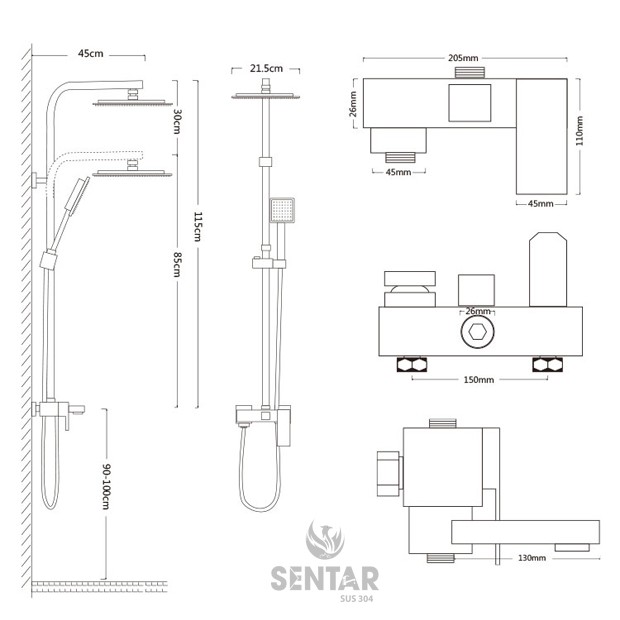 CÂY SEN TẮM INOX 304 VUÔNG SENTAR