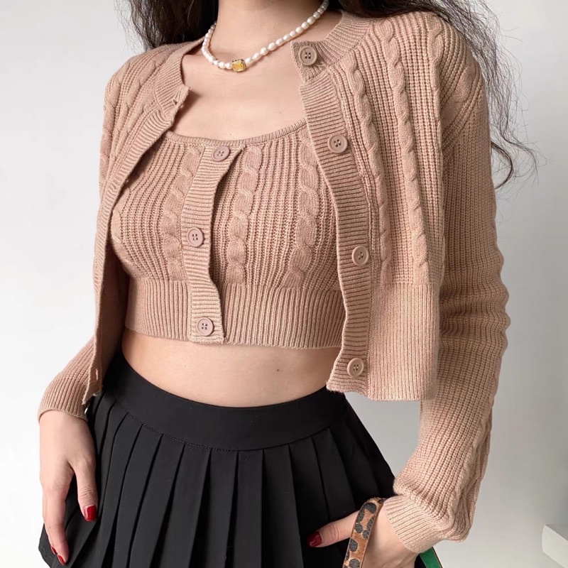 Set áo len kèm áo dây be nâu