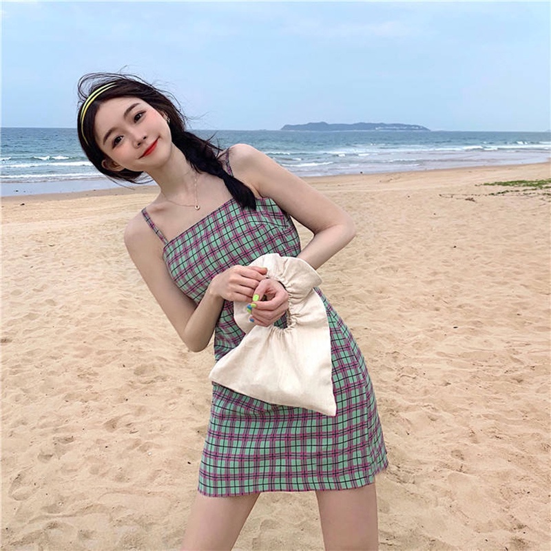 IELGY Đầm Hai Dây Không Tay Eo Cao In Họa Tiết Caro Phong Cách Hàn Quốc Cổ Điển