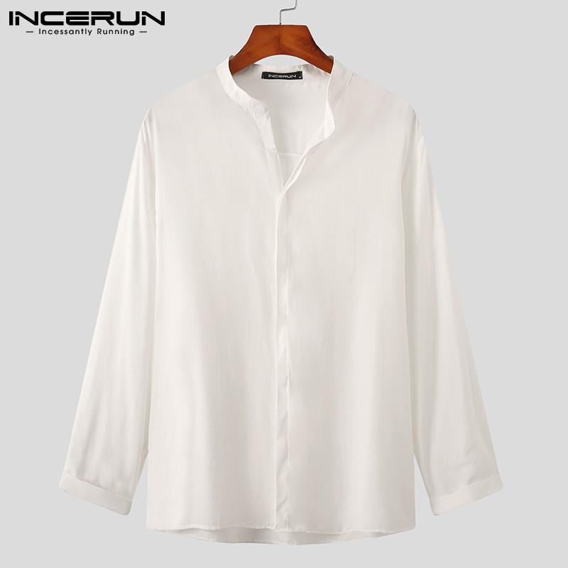 Áo Sơ Mi INCERUN Màu Trơn Tay Dài Dáng Rộng Thoáng Khí Cho Nam