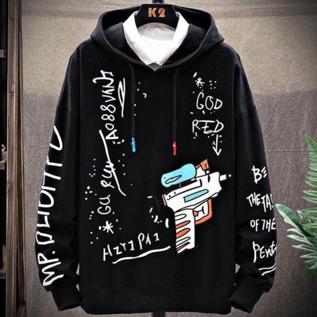 ÁO HOODIE NÓN NAM NỮ - Áo khoác hoodie MÀU ĐEN VẢI NỈ POLY IN SÚNG NƯỚC FREE SIZE DƯỚI 65Kg