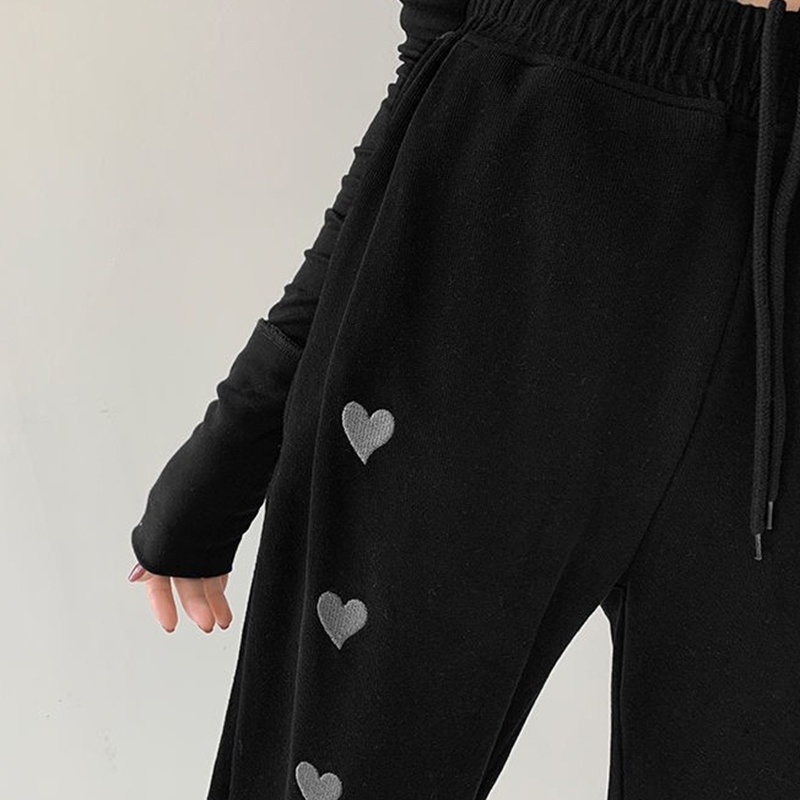 Quần Jogger Lưng Cao Ống Rộng Thêu Họa Tiết Trái Tim Phong Cách Harajuku Cho Nữ
