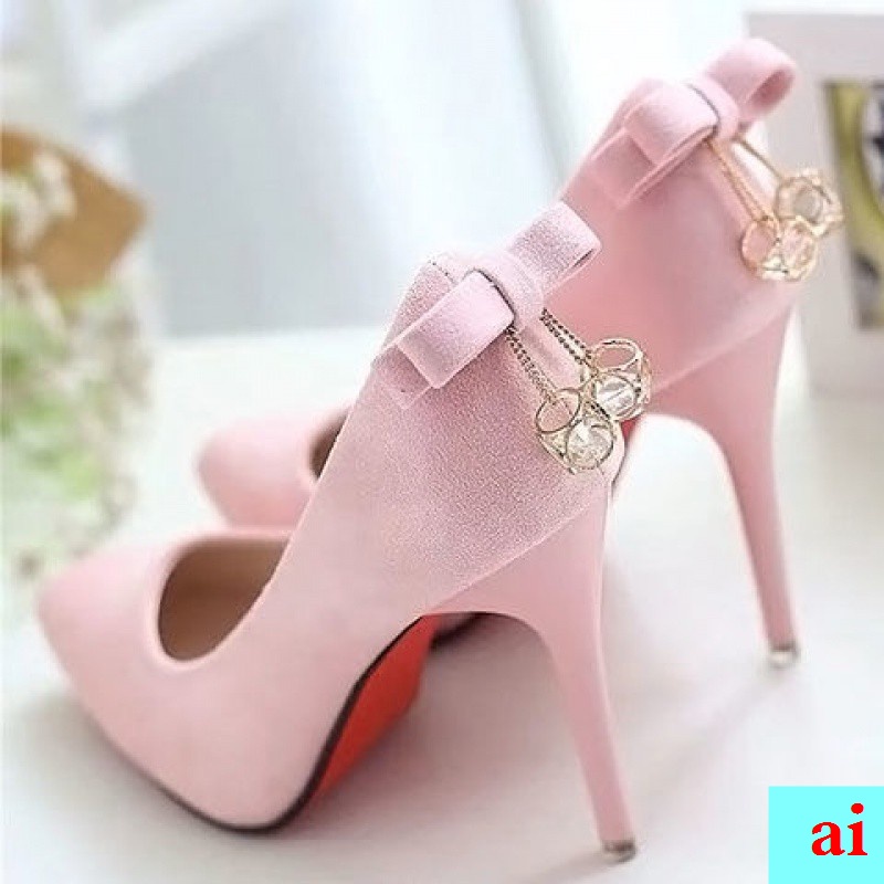 Giày Cao Gót 10cm Màu Hồng Đính Nơ Dễ Thương Cho Nữ