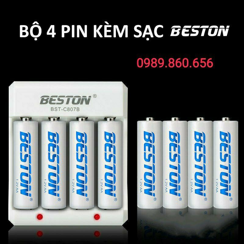 Pin sạc BESTON AA AAA 4 viên pin kèm sạc tự ngắt, tái sử dụng nhiều lần, tốc Độ Cao Led báo trạng thái sạc