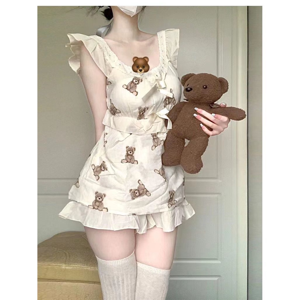 Bộ Đồ Ngủ Hai Dây Mềm Mại In Họa Tiết Gấu Nhật Bản Dễ Thương Thời Trang Mùa Hè Cho Nữ