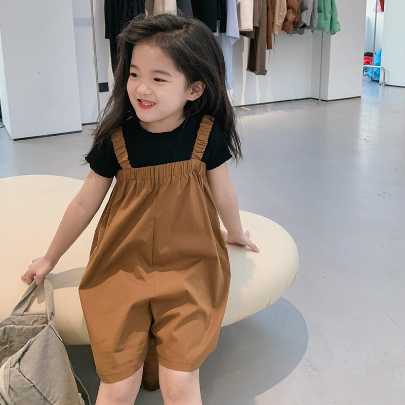 Set Áo Thun Ngắn Tay Cổ Tròn + Quần Yếm Phong Cách Hàn Quốc Cho Bé Gái