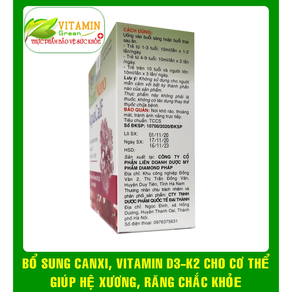 CANXI NANO AQUACALF CANXI NANO HỮU CƠ KẾT HỢP VITAMIN D3 K2 GIÚP XƯƠNG RĂNG CHẮC KHỎE