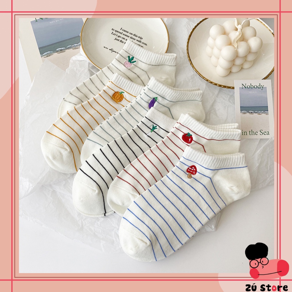 Vớ cổ ngắn sọc thêu trái cây ngắn