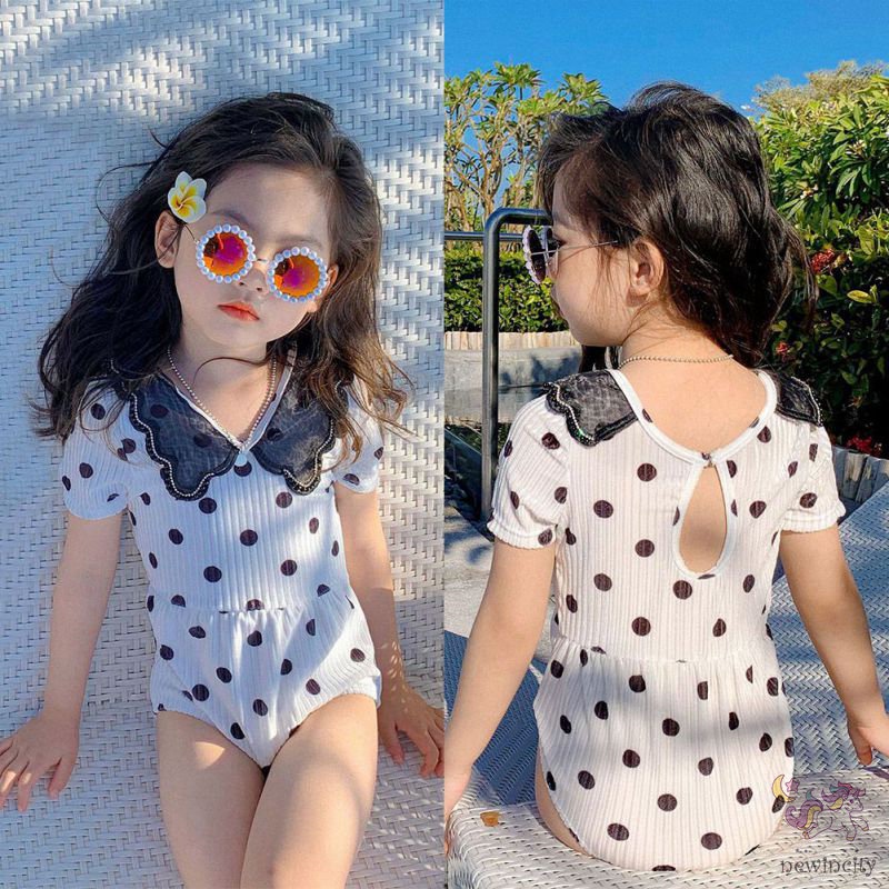 Bộ Đồ Bơi Cổ Búp Bê Kèm Mũ Họa Tiết Chấm Bi Phong Cách Hàn Quốc Cho Bé Gái