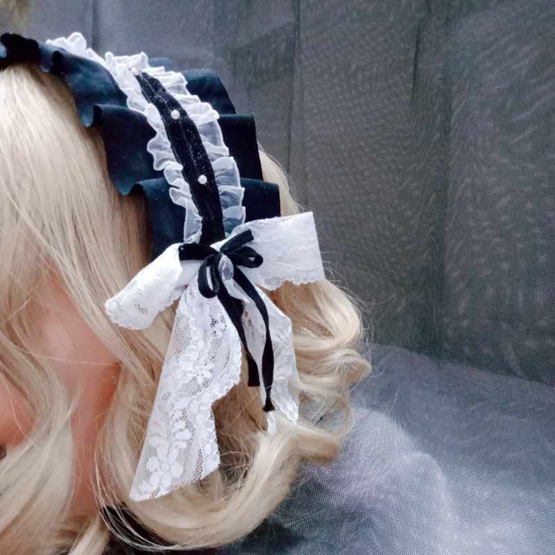 Phụ kiện cài tóc Lolita - Choker đen Retro phối nơ Ngọc - Headband Lolita