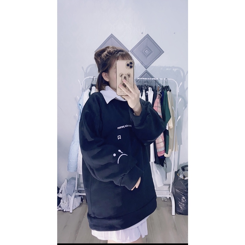 Áo sweater cổ tròn from rộng tay dài chất nỉ bông, áo thun thu đông in hình mặt khóc siêu độc lạ Vati