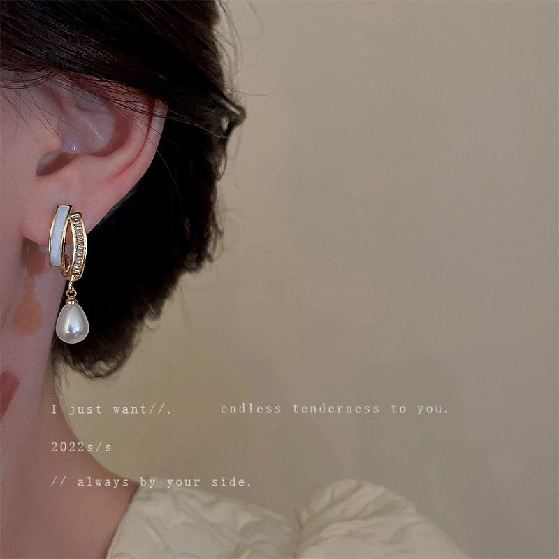 Bông Tai Mạ Bạc 925 Hai Lớp Hình Chữ C Đính Ngọc Trai Phong Cách Hàn Quốc