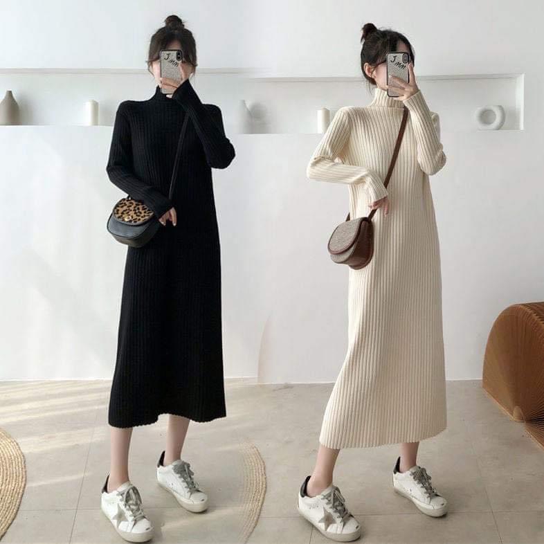 Váy dáng suông dài tay bo chun chất len tăm mịn cổ cao, Đầm nữ dài cổ tròn mùa thu đông 3 màu - Trabinhshop
