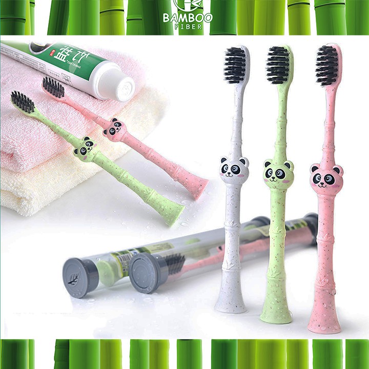 HCM - Bàn chải lúa mì thiên nhiên hình Gấu trúc kèm hộp ống đựng tiện lợi mang du lịch