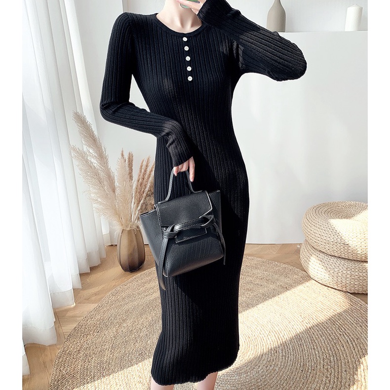 Váy len nữ tay dài fom rộng mẹ bầu | Đầm len nữ dáng dài thụng suông bigsize thu đông