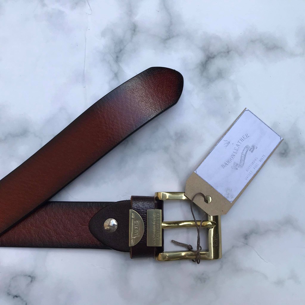 Dây Nịt Da Bò Tự Nhiên Viền Đen - Mặt Đồng Đúc Nguyên Khối LB006