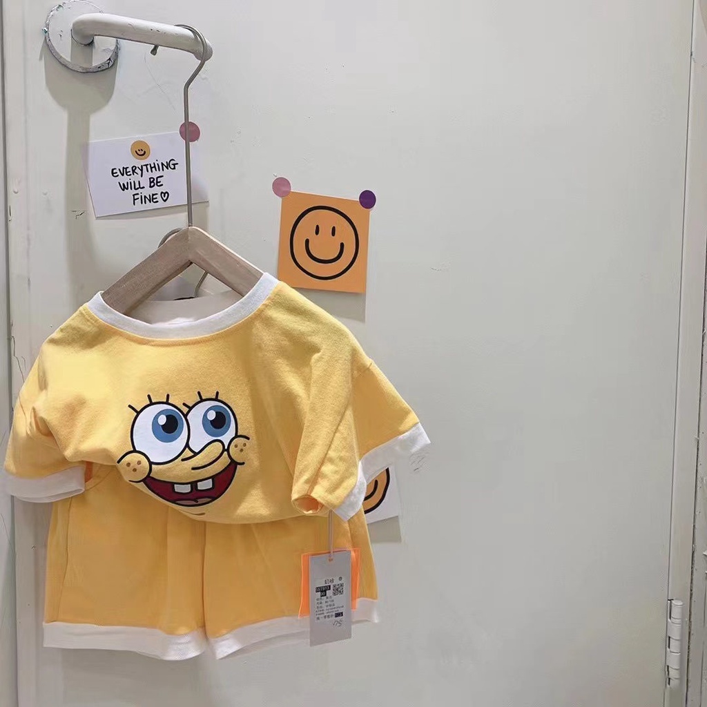 Bộ Áo Thun Ngắn Tay Họa Tiết Hoạt Hình + Quần Short Xinh Xắn Theo Phong Cách Mùa Hè Hàn Quốc Dành Cho Bé Trai