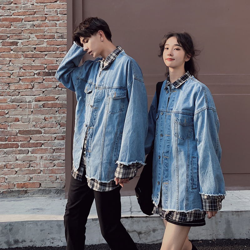 Áo Khoác Jeans Giả Hai Lớp Phong Cách Hàn Quốc Cho Cặp Đôi