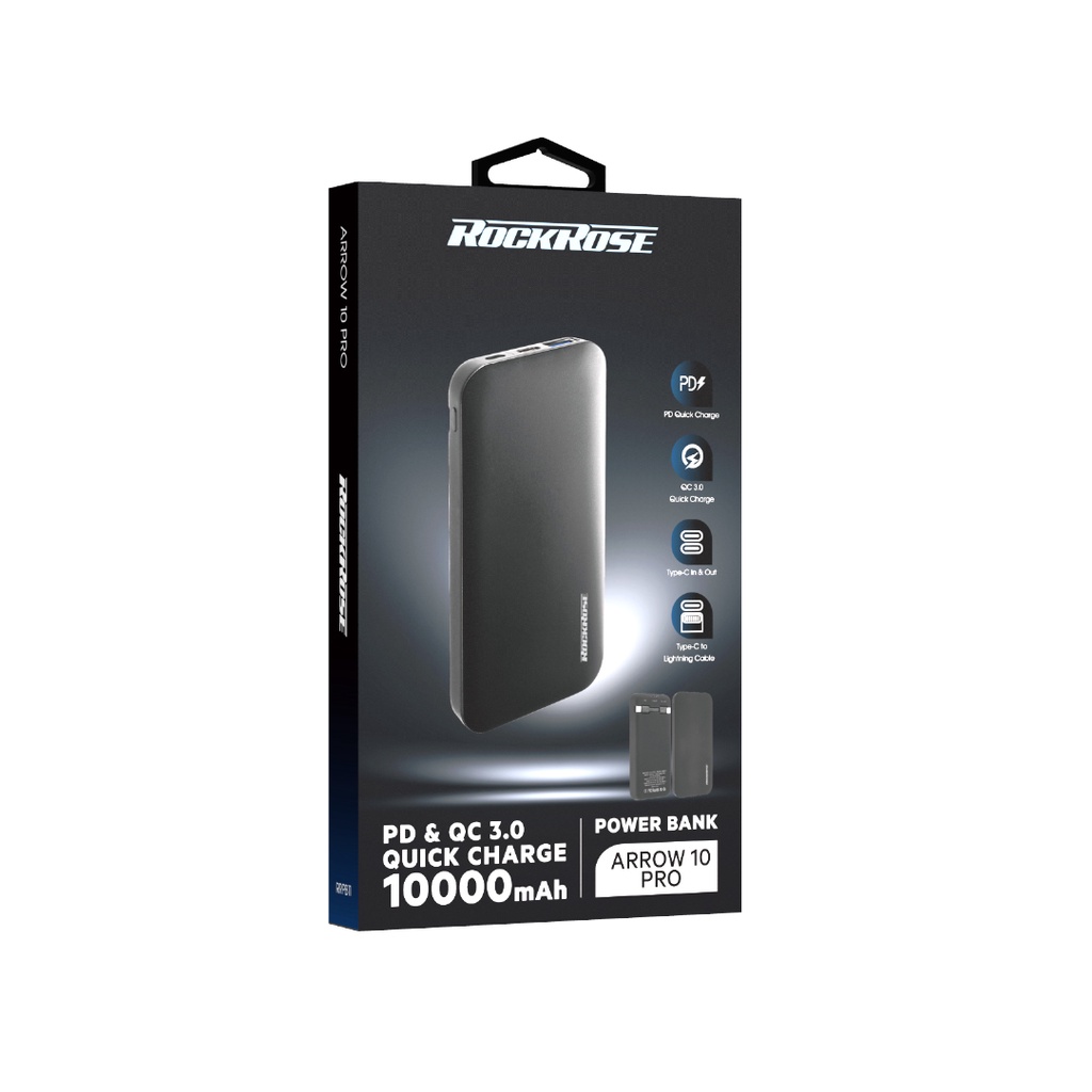 Sạc Dự Phòng 10000mAh ROCKROSE Arrow 10 Pro QC 3.0 - Cổng USB A/ Type C Sạc Nhanh Cho Iphone/ Android