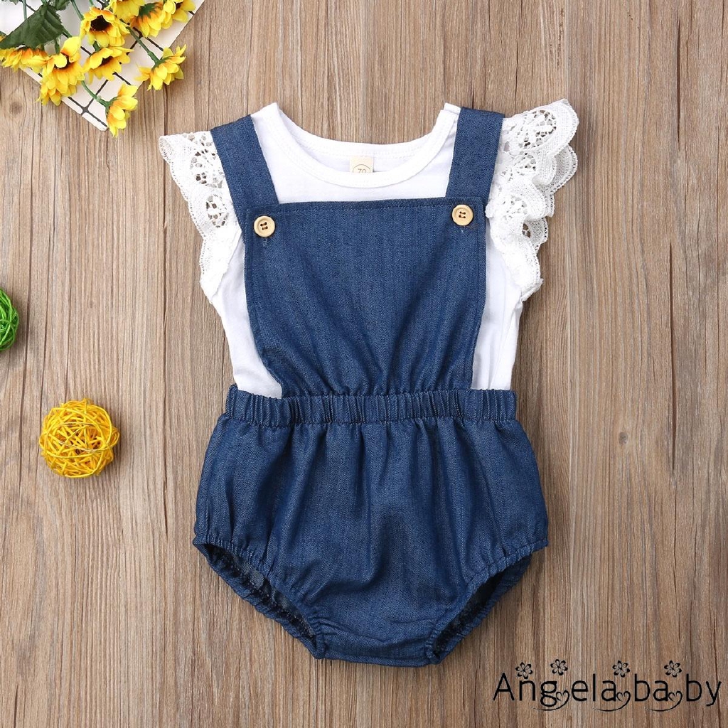 Set áo liền quần denim phối ren và áo thun xinh xắn cho bé gái sơ sinh