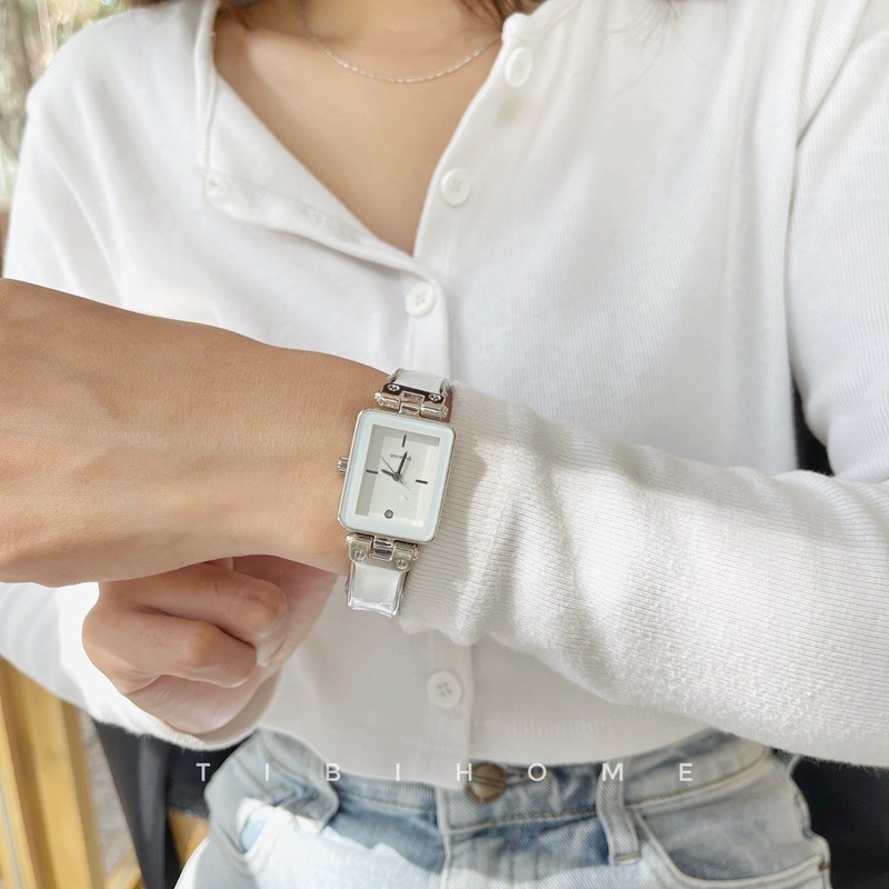 Đồng hồ nữ dây kim loại ANKL30 màu trắng mặt chữ nhật viền bạc sang trọng