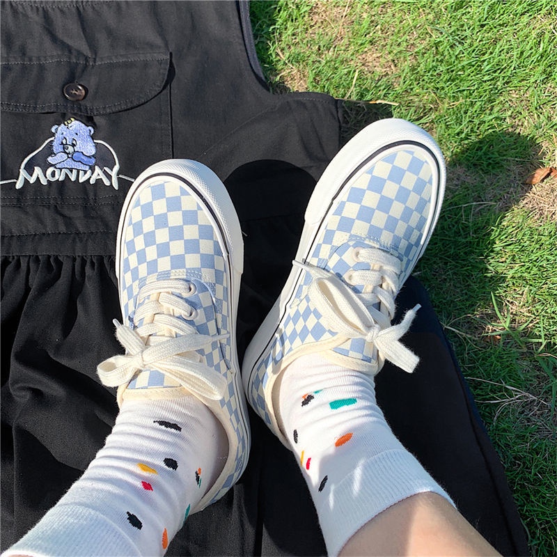 Giày Vải Canvas Kẻ Sọc Caro Màu Xanh Dương Phong Cách Hồng Kông Thời Trang Xuân Thu 2022 Cho Nữ