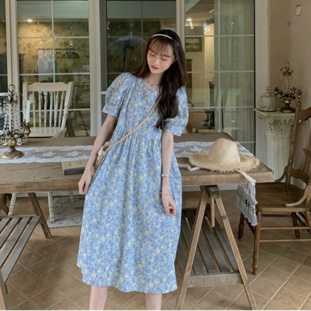 Váy hoa nhí cỏ babydoll cổ tròn có dây đai buộc eo thon gọn đầm dễ thương