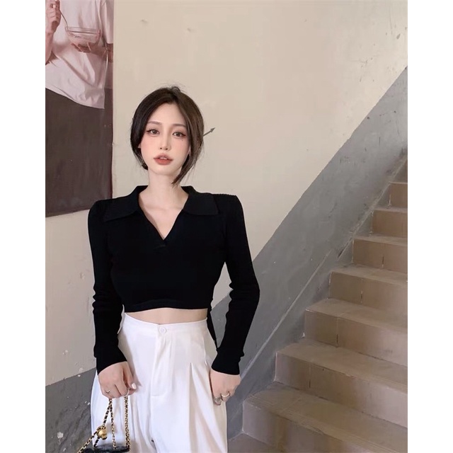 Hàng mới áo croptop cổ bẻ chữ V dài tay