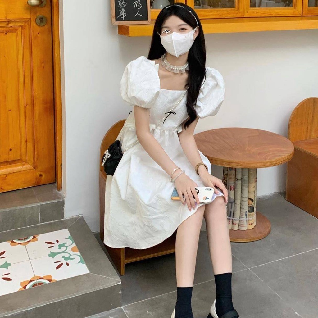 Váy babydoll đầm babydoll Đầm Cổ Vuông Eo Cao Đính Nơ Phong Cách Hàn Quốc Ngọt Ngào Thời Trang Mùa Hè Dành Cho Nữ