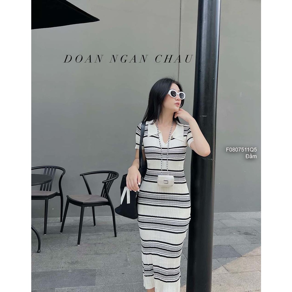 Đầm ôm body len kẻ sọc cổ bẻ tay con hàng QC!