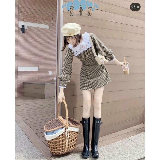 🌈🌈🌈 ĐẦM CARO MIDI TAY DÀI PHỐI REN