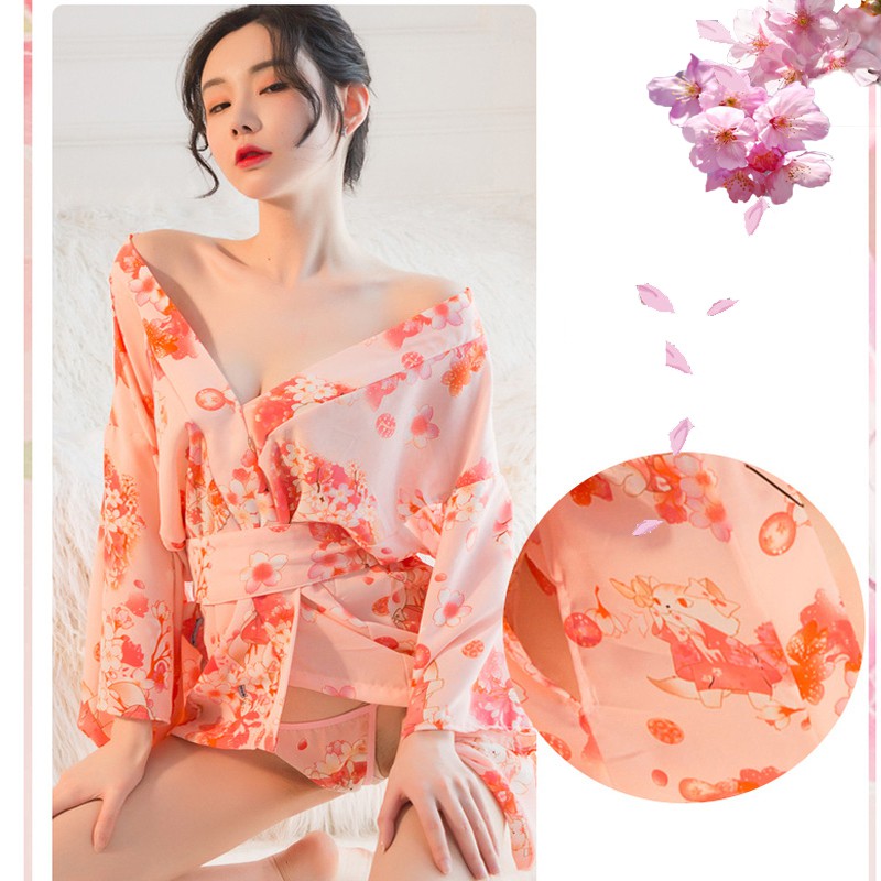 Váy ngủ kimono hoa anh đào Lyly 5030 áo choàng có đai bụng vải voan mịn mát