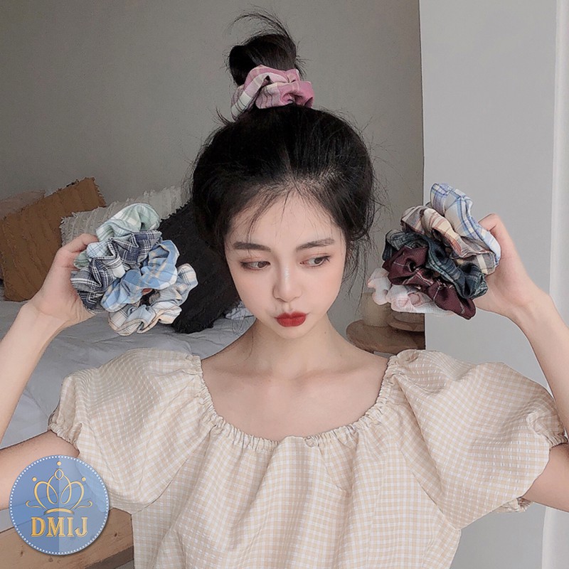 Cột Tóc Vải Scrunchies Họa Tiết Caro Vintage Hàn Quốc, Dây Buộc Tóc Scrunchies Cứng