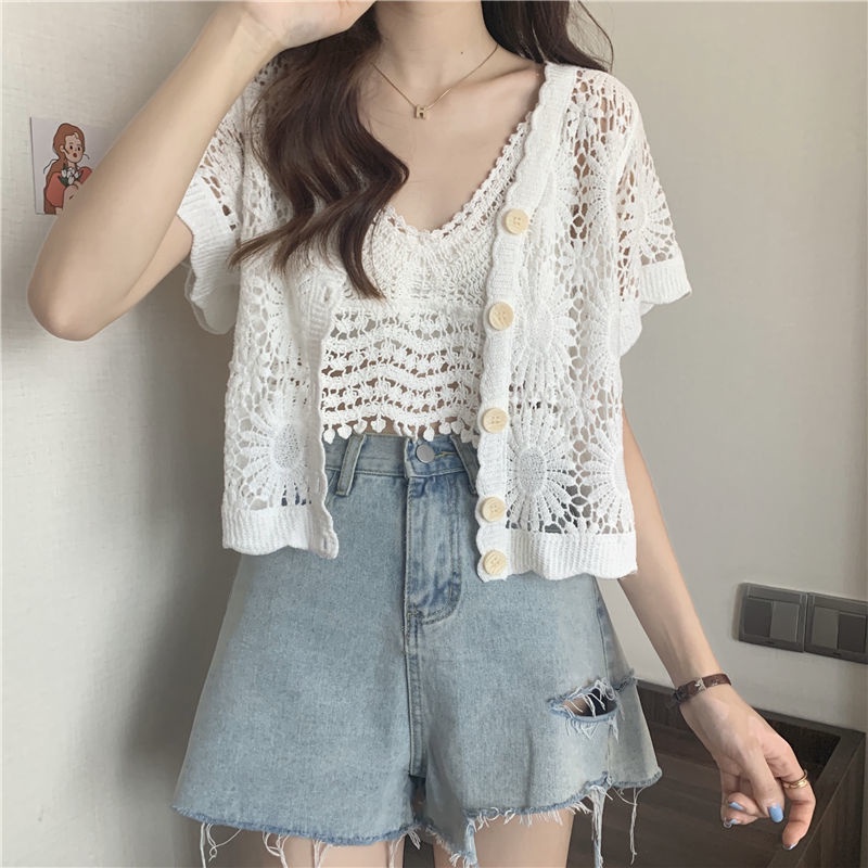 Áo Cardigan Ngắn Tay Phong Cách Phương Tây Mới + Áo Hai Dây Đan Móc